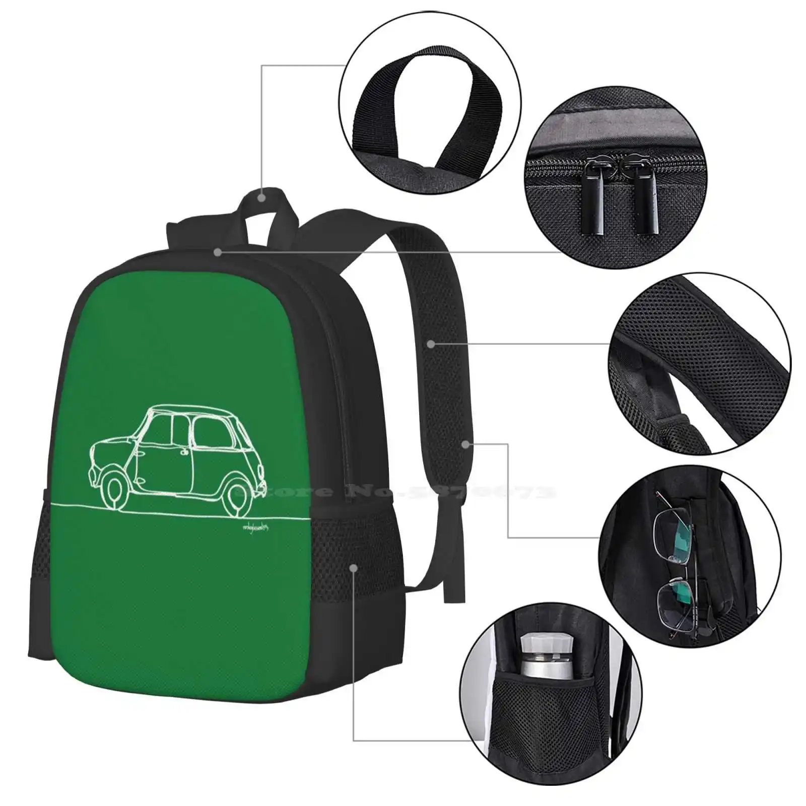 Mini Cooper-Linha única Mochila, Design Padrão Moda, Viagem Laptop, Saco de escola, Illustrator única linha, carro, veículo, Alec