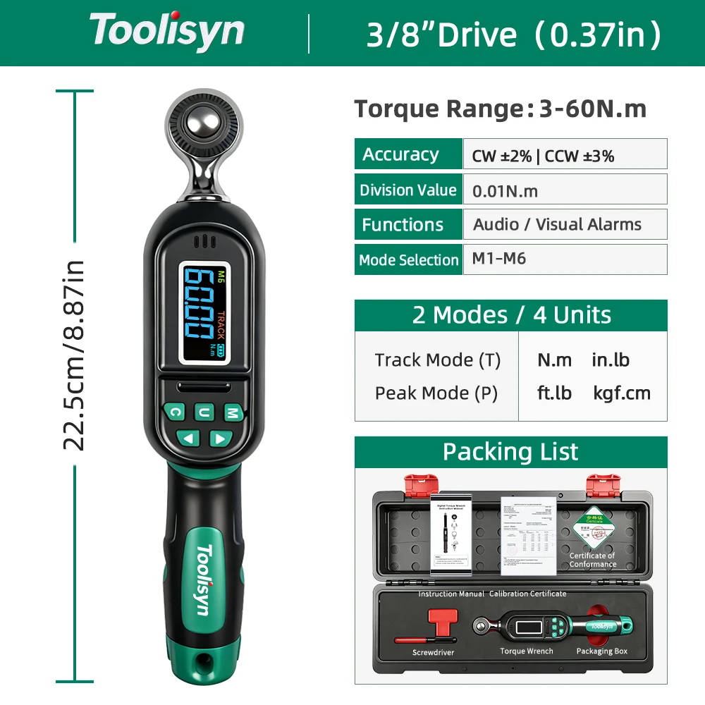 Toolisyn Digitale momentsleutel 0,3-500N.m Verstelbaar 1/4"3/8"1/2" Drive ± 2% nauwkeurigheid LED-zoemer Precisiegereedschap voor fiets- en autoreparatie
