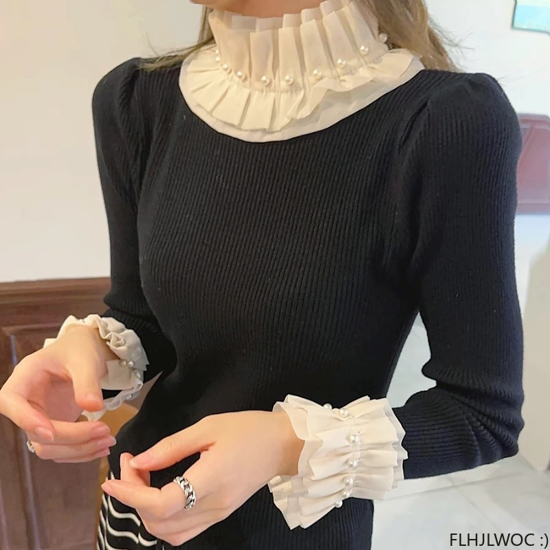 Turtleneck Tops 2024 Spring Basic Wear Jumper Pullovers Slim Patchwork Flare Sleeve Beaded Ruffles Knitting Sweaters