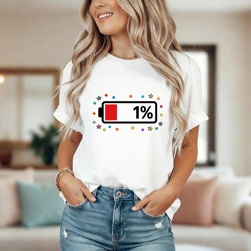 90s Fashion Low Battery T Shirt Women Letter Print Short Sleeve Round Neck Tops Tshirt Women's Casual Summer Breathable T-shirt