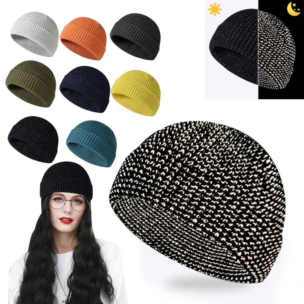 Unisex Knitted Hat Reflective At Night Folded Brim Dome Beanie Hat Hip Hop Street Style Night Jogging Warning Cap For Winter