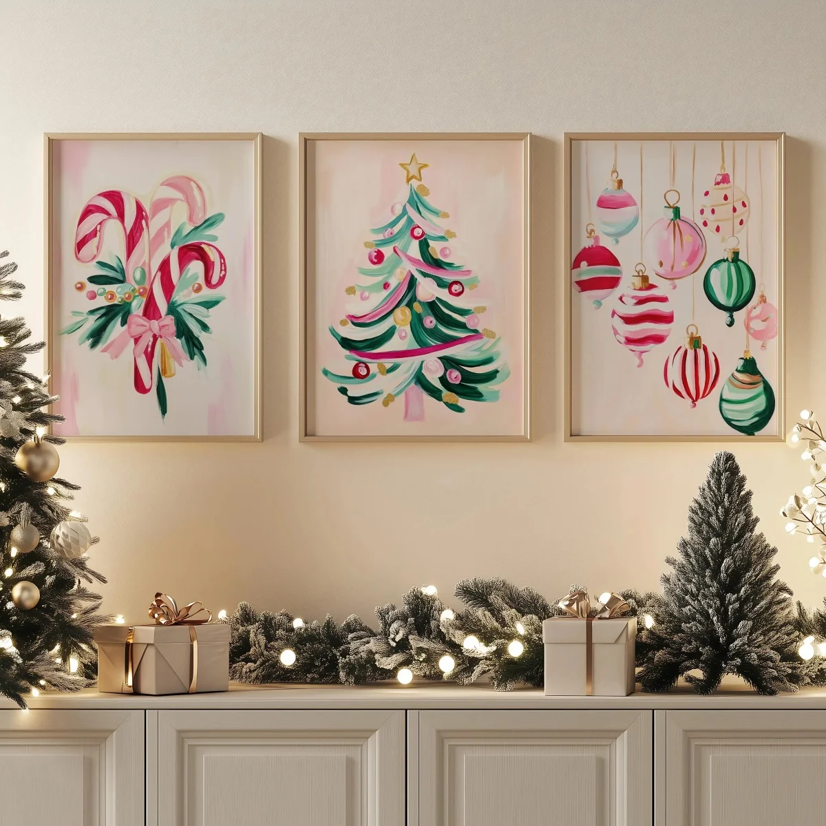 3PCS--3pcs/set Christmas Tree Candy Cane Canvas Print Poster Pink Xmas Modern Minimalism Art Prints Bedroom Wall Art Home Dec