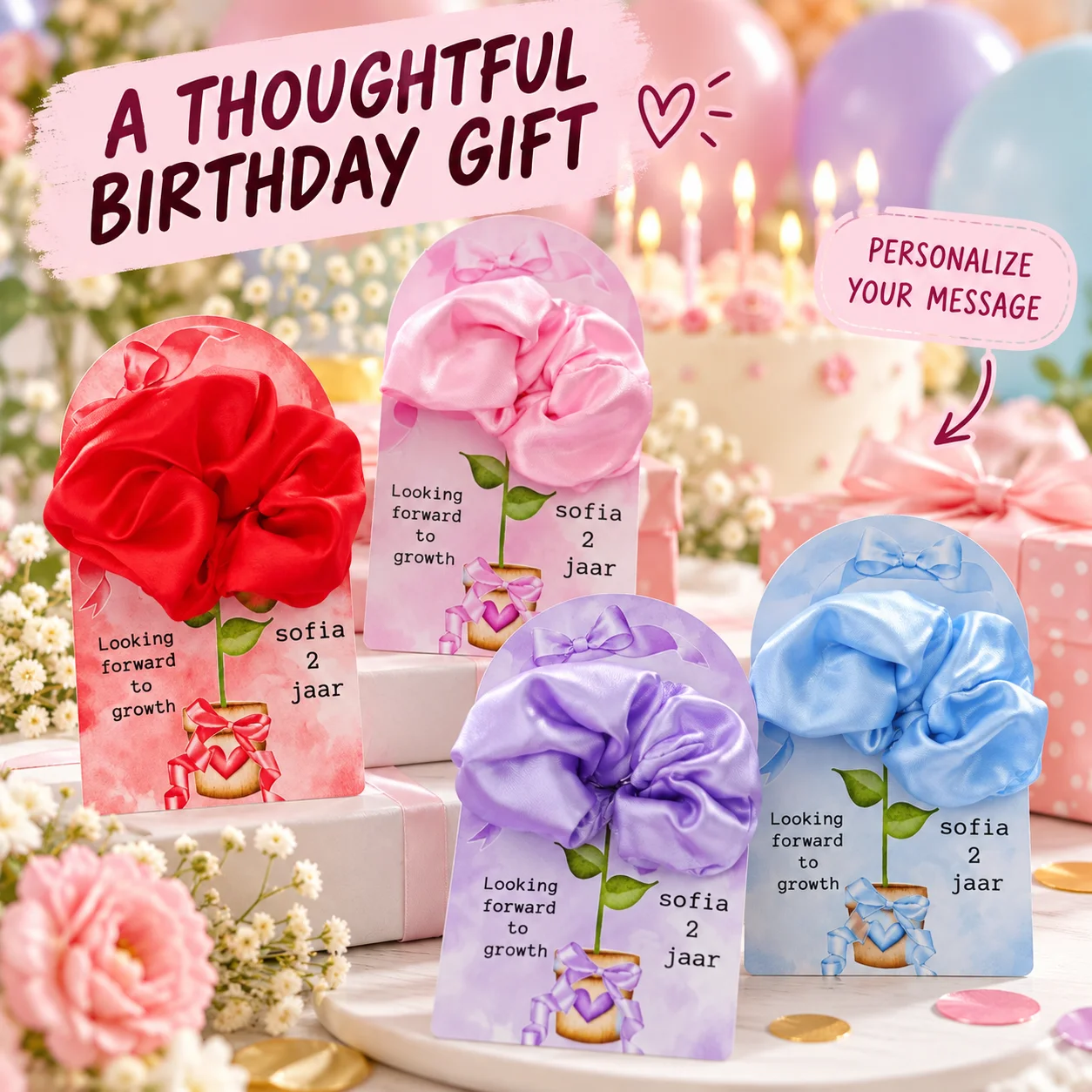 Birthday, Baptism, Communion Party Gift Card and Hair Tie Set (Customized Card + Hair Tie), Exquisite Bowknot Skirt Design, Cute Girly Style Souvenir, Perfect as a Birthday Surprise Gift for Daughters, Best Friends, an