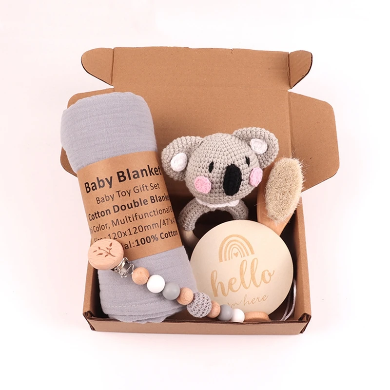 New Born 5piece Baby Gift Set Muslin Wrap Blanket Custom Bath brush Comfort toy Teether Wooden Ring Rattle