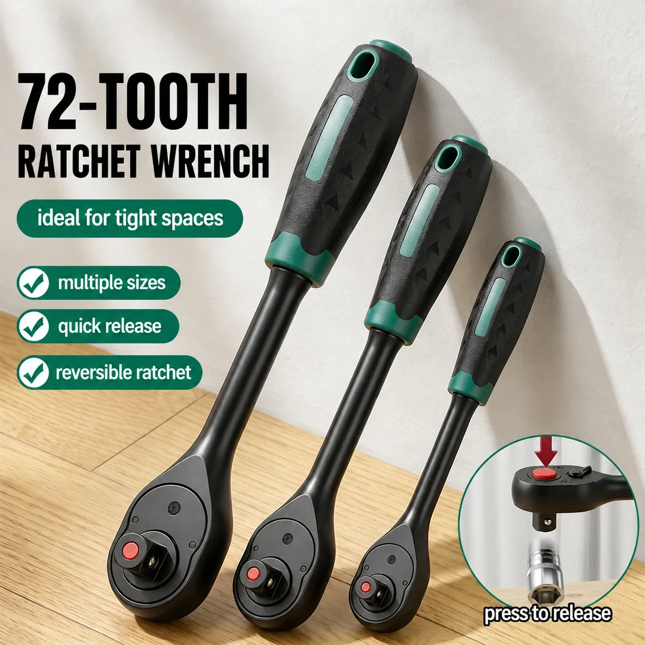 1/4 3/8 1/2 Inch Reversible Ratchet Handle Quick Release Teardrop Ratchet Wrench With Comfort Grip For Auto Repair
