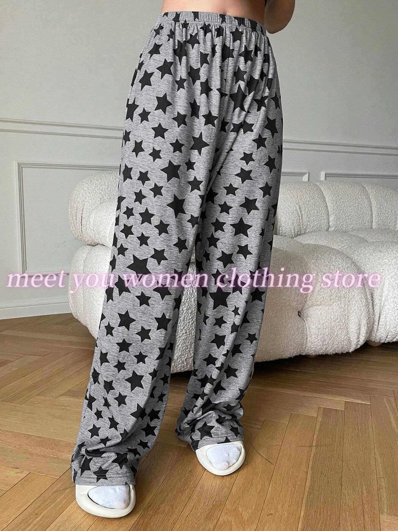 Calças de pijama femininas de perna reta preto estrelas imprimir solto-ajuste cor calças de pijama roupas femininas calças de dormir