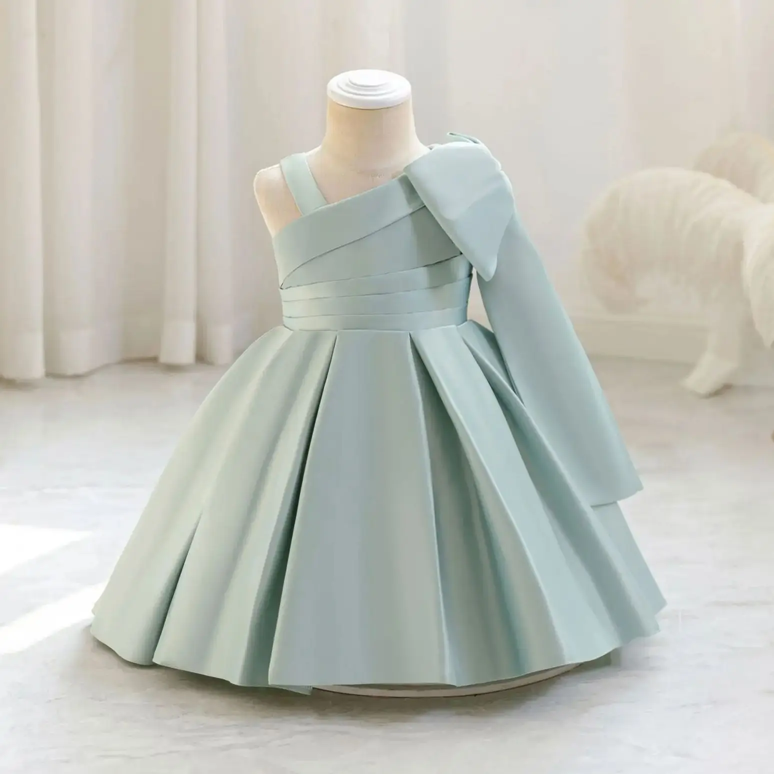 HETISO Solid Girls Satin Dresses For 1st Birthday Party Baby Children Runway Playing Princess School Ball Gown 6M-5 Years