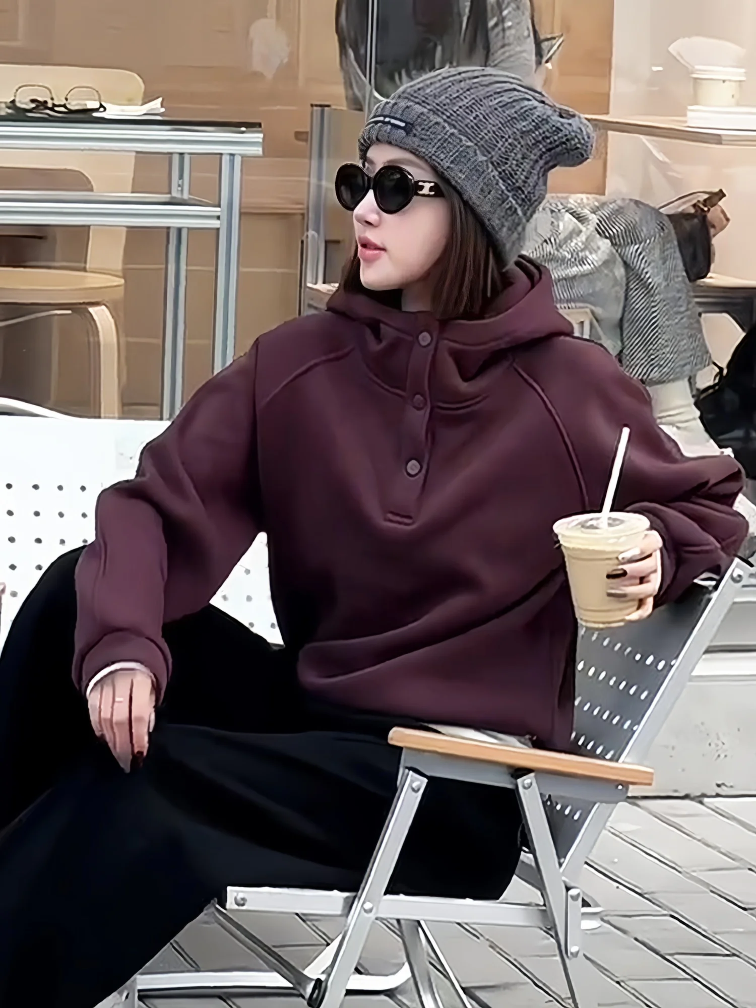 Lazin Sle Sweat à capuche Faion pour femme Coupe ample Velboa Inner Sve Longue fermeture éclair sur le devant Bouton unique Bot Dstring Oversiz...