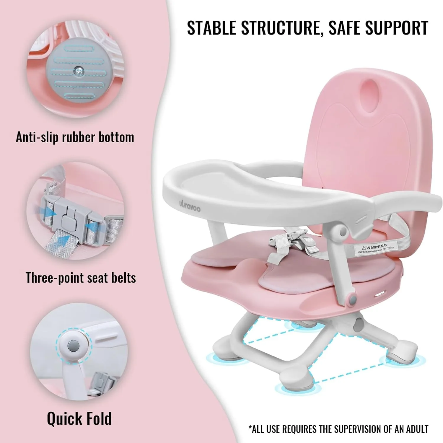 Baby Booster Seat for Dining Table with Removable Tray & Cushion, 3 in 1 Portable Toddler Booster Seat, 4 Height Adjustable