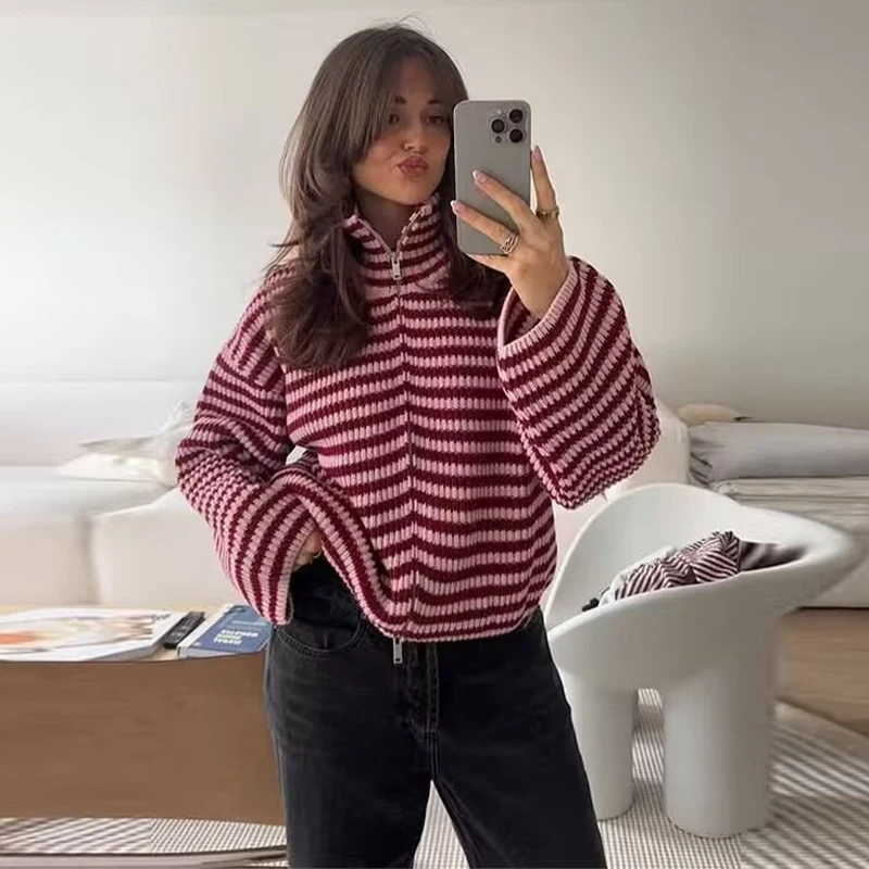 

Новый женский вязаный кардиган свободного кроя с длинными рукавами, на молнии, с воротником-стойкой, контрастный, весна 2026