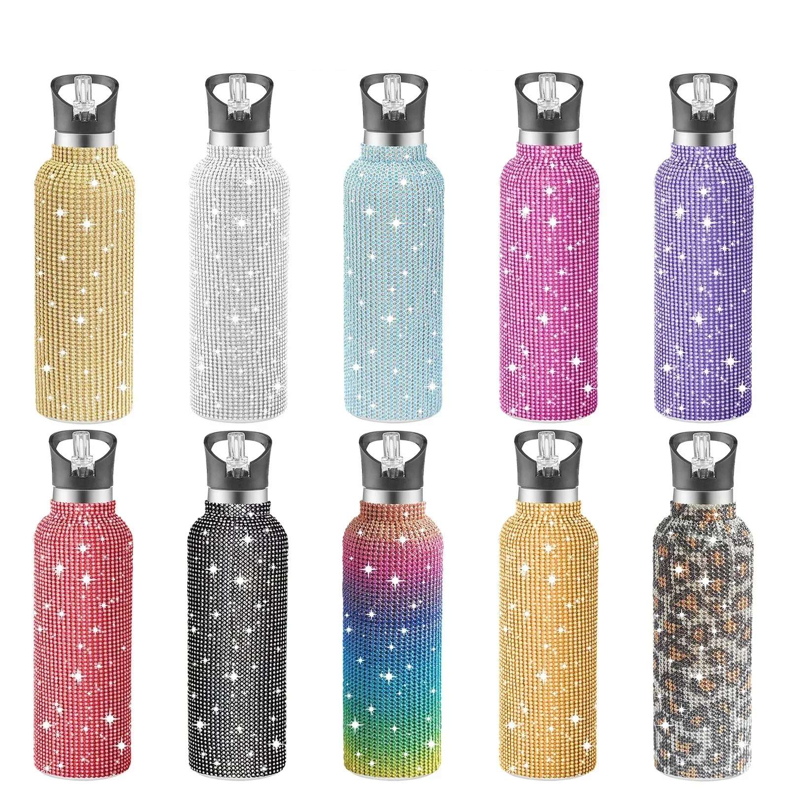 500/600/750/1000ML Sparkling Diamond Tumble Insulated Cup Sport Bottle Vacuum Flask Stainless Steel Large Capacity Water Bottle