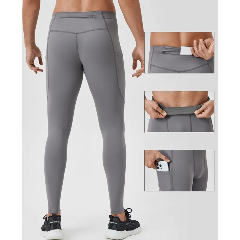 春秋男性ランニングタイツジムパンツ男性バスケットボールサッカーサッカーフィットネスパンツ運動スポーツポケットロングレギンス A55