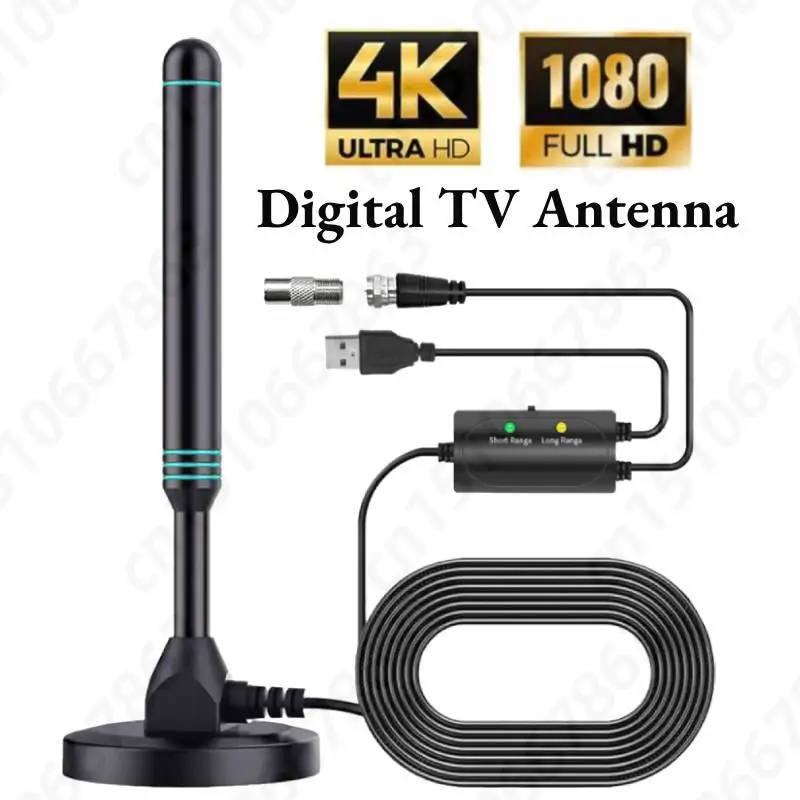 4K HD 1080P Digital TV Antenna with Signal Amplifier 480+ Miles Portable HD TV Antenna Magnetic Base VHF UHF for DVB-T2 TV HDTV