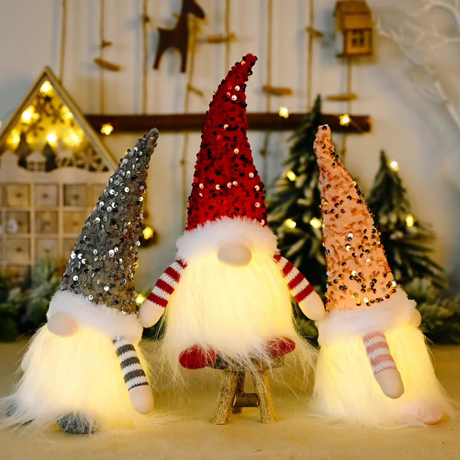 

2023 New Design Adorable Led Light Christmas Sequin Gnome Ornaments Navidad Faceless Doll Christmas Table Xmas Decoration