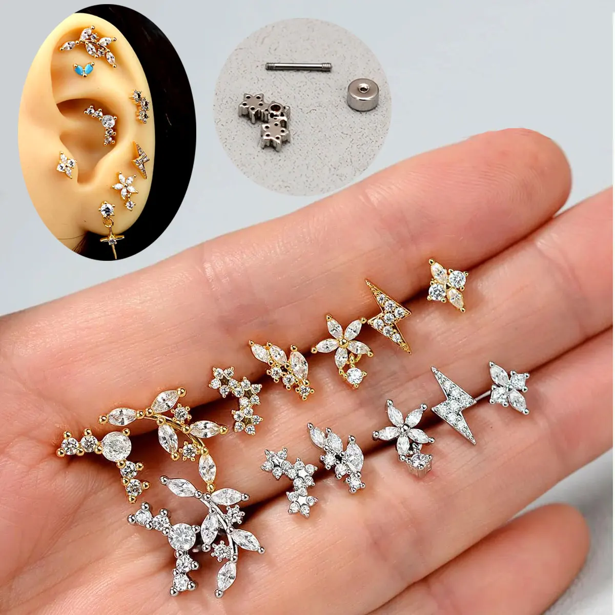 1PC Stainless Steel Crystal CZ Piercing for Women Exquisite Flower Leaf Studs Cartilage Tragus Helix Lobe Earring Body Jewelry