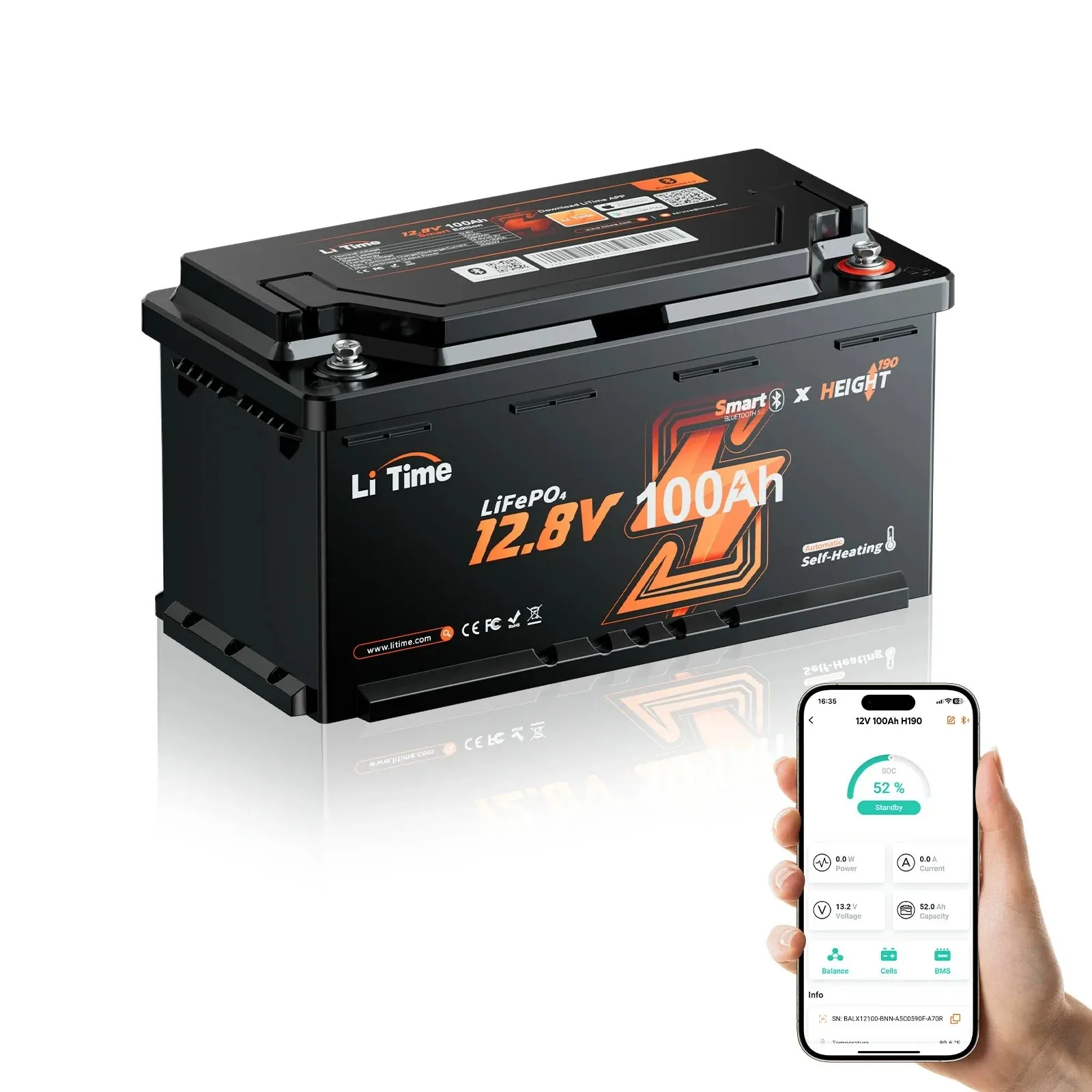 Batterie LiFePO4 LiTime 12V 100Ah avec Bluetooth et BMS 200A |   Chauffage intelligent et décharge 2C |   1280Wh, 15000+ cycles |   Taille H190/DIN H8 L5 pour siège de maison mobile |   Idéal pour le camping, les bateaux et les systèmes solaires