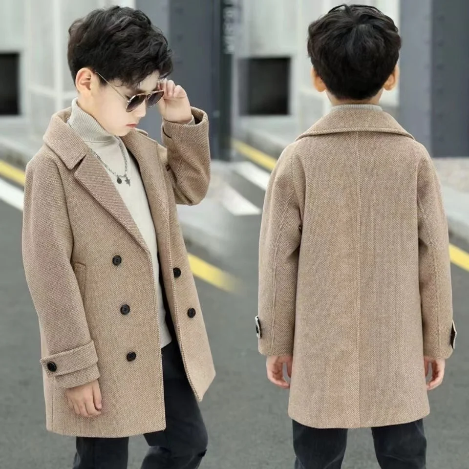 

Boy's Thousand-bird Check Coat 2024 Autumn Winter New Zhongda Children's Woolen Plus Fleece Thick Coat Trench Coat for Children