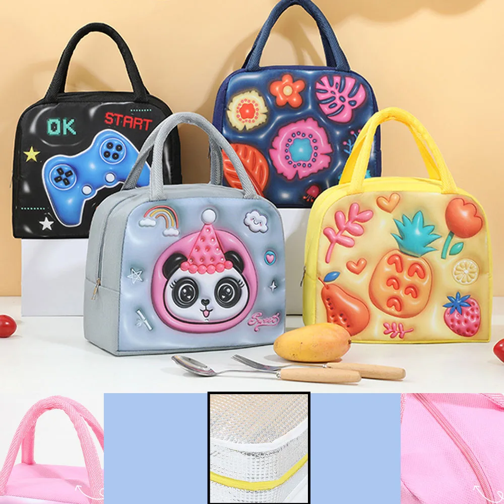 3D Cartoon Animal Pattern Lunch Bag Thickened Handheld Insulated Lunch Box Bags Large Capacity Children Bento Bag