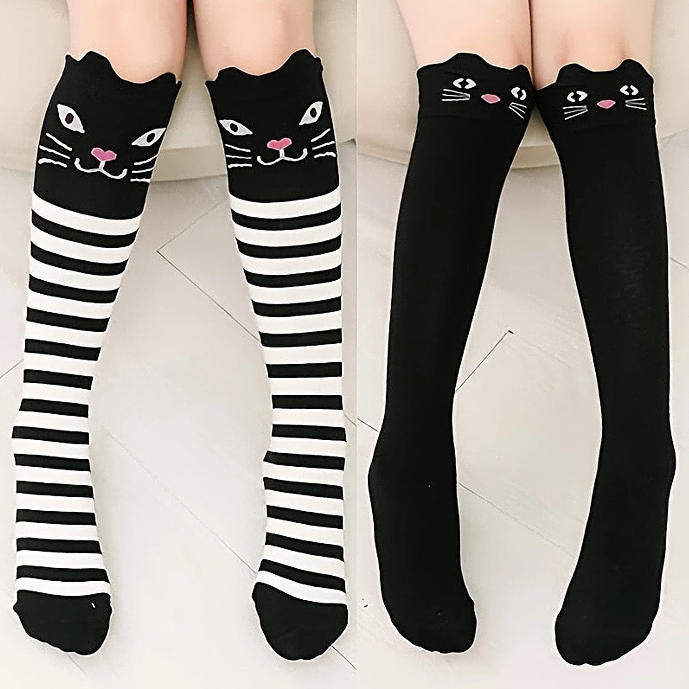 2 Pairs of Cute Little Cat Striped Knee-High Socks for Girls, Soft and Comfortable Over-The-Knee Calf Socks for Casual Daily Life