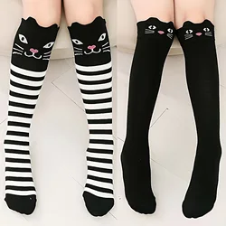 2 Pairs of Cute Little Cat Striped Knee-High Socks for Girls, Soft and Comfortable Over-The-Knee Calf Socks for Casual Daily Life