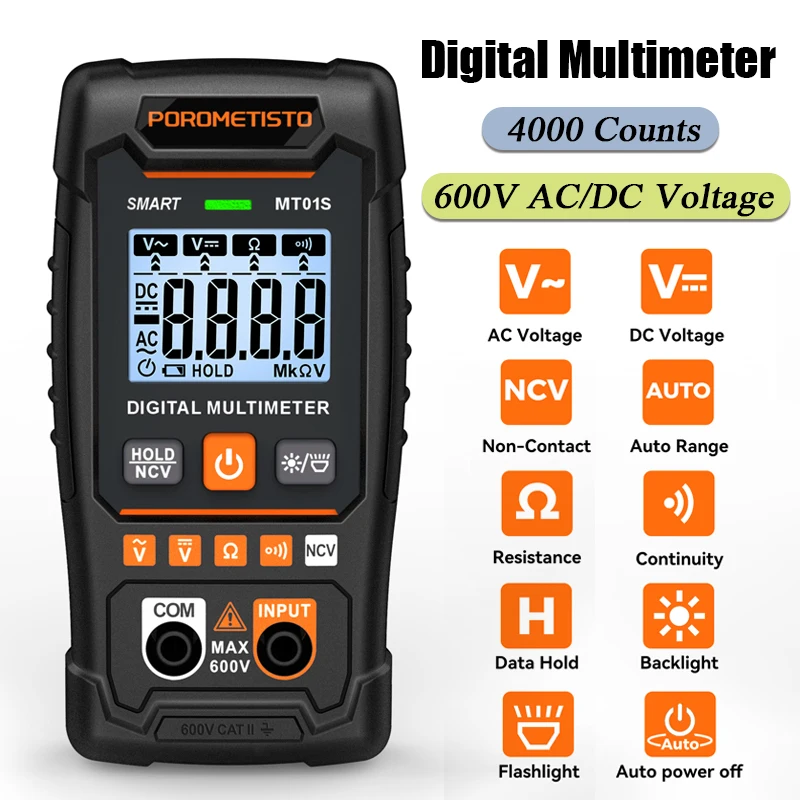 

POROMETISTO Digital Multimeter Auto-Ranging 4000 Counts Multimeter 600V DC AC Voltage Resistance Continuity for Electricians,DIY