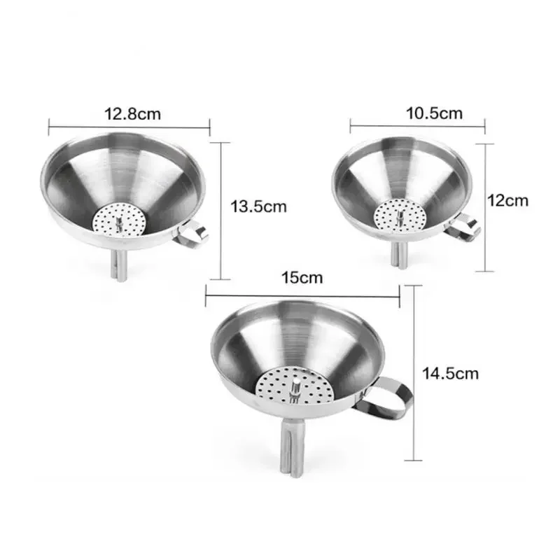 

Stainless Steel 11cm 13cm 15cm Funnels Wide Mouth Wine Oil Honey Funnel Detachable Strainer Kitchen Wine Liquids Filter Tools