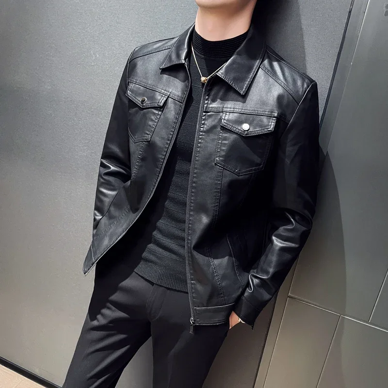 

2024 Leather Jackets New Trend Men's Thick Winter Warm Jacket Slim Fit Cool Motorcycle Turn-down Collar Zipper Coats Plus Size