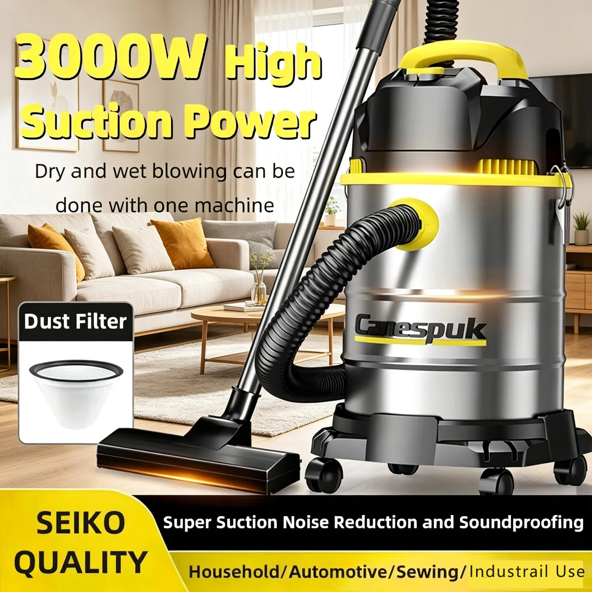 3-in-1 Wet Dry Vacuum Cleaner Industrial Blowing Suction Cleaning Machine for Home Hotel Warehouse Car Wash
