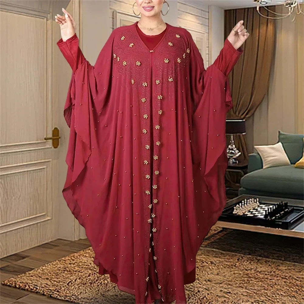 2025 New Muslim Robes Ladies Abaya African Dresses for Women Summer Chiffon Pearl Long Maxi Dress Traditional Clothing Plus Size