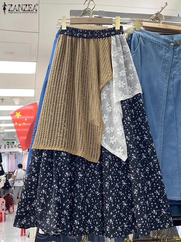 ZANZEA bohème imprimé jupes femmes taille haute dentelle Patchwork Maxi jupes Vintage Faldas décontracté taille élastique vacances jupes