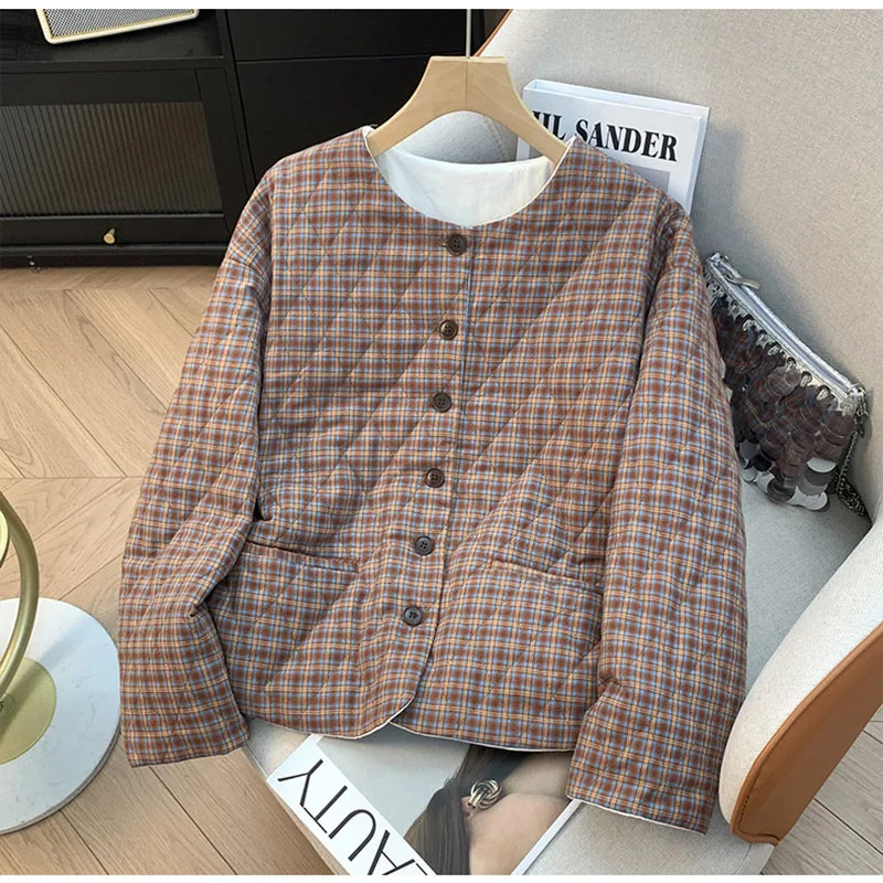 

Retro Light Plaid Round Neck Cotton-padded Jacket Women's Winter Age-reducing Slimming Cotton Warm Casual Cotton-padded Coat