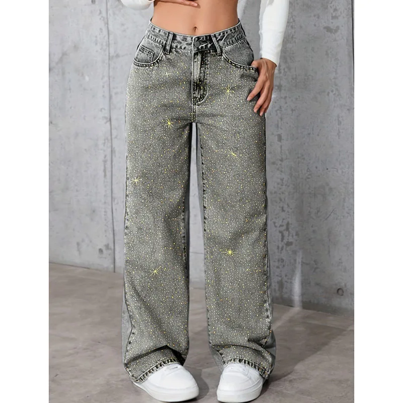 

Y2K Women Fashion Rhinestone Decoration Jeans Girls Classic Gray Straight Leg Pants Female Casual Low Waist Denim Trousers