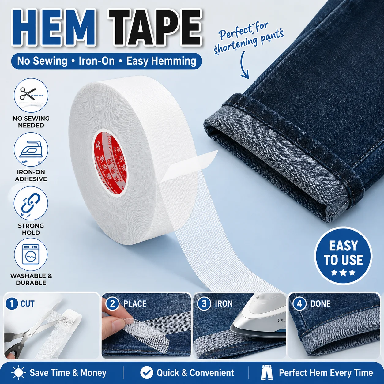 Water Soluble Double Sided Sewing Tape Fabric Adhesive Strips for Hemming Quilting Embroidery No Pin Sewing