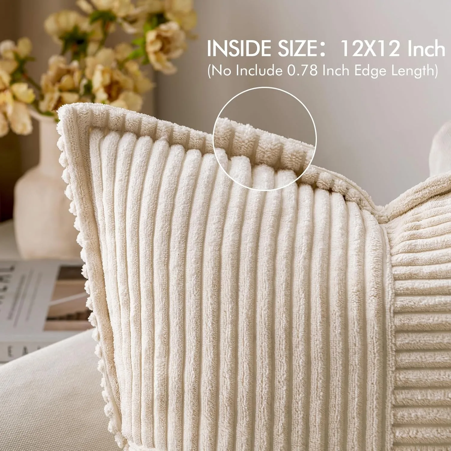 Beige Corduroy Decorative Throw Pillow Covers with Splicing 18x18 Inch Luxurious Textured Boho Striped Broadside Cushion Cover