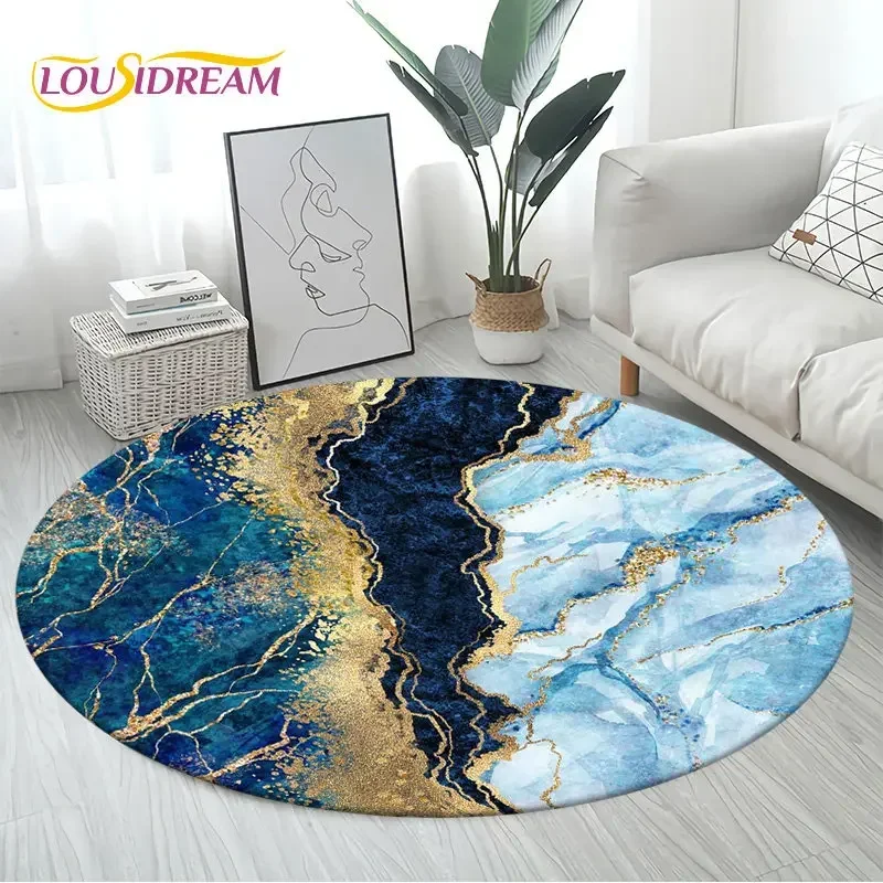 Nordic Green Gold White Marble Print Round Area Rug, Soft Chenille Non-Slip Circle Carpet for Living Room, Bedroom, Sofa Decor