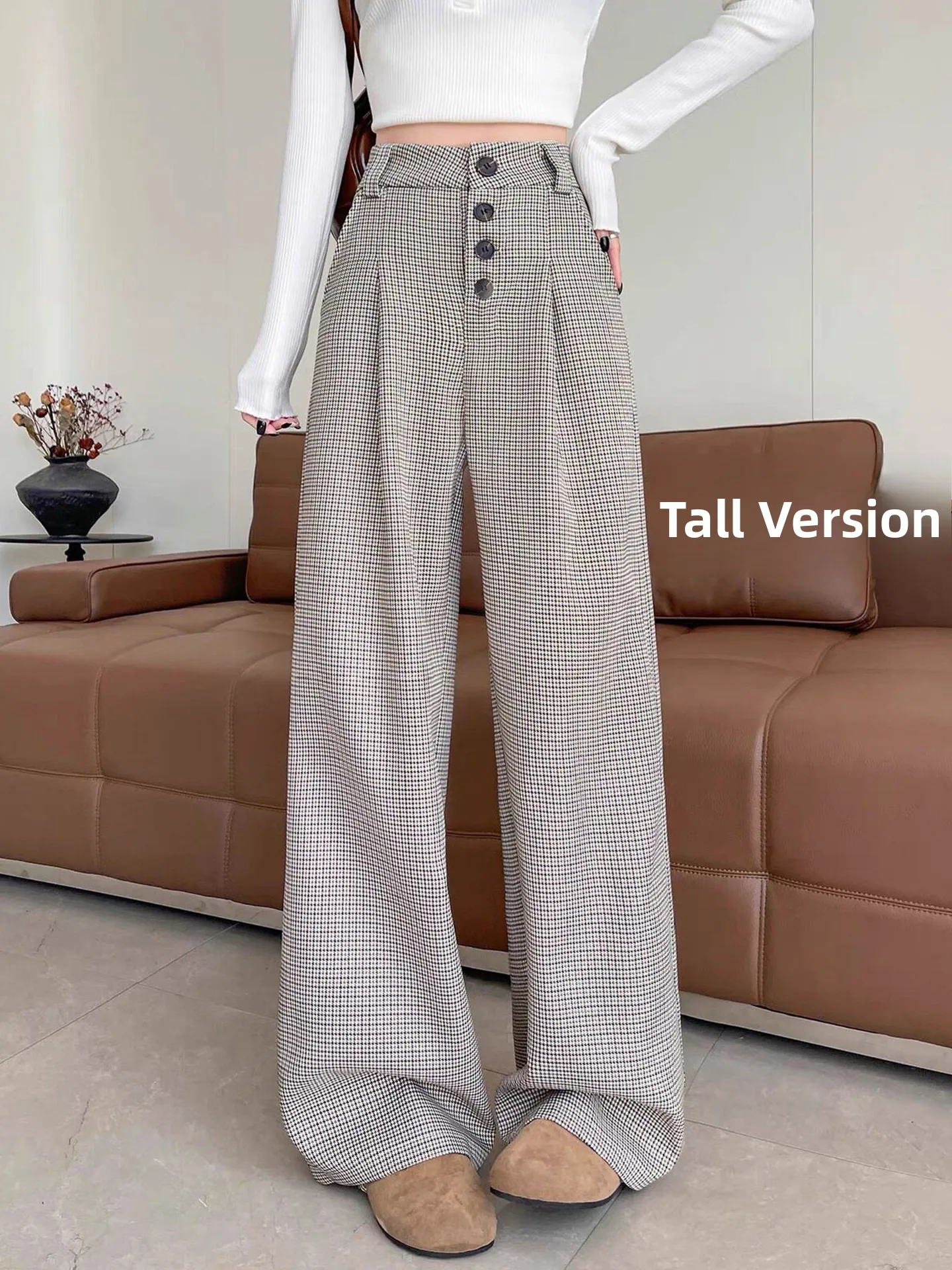 High Waist Extended Plaid Wide Leg Pants Women's Autumn Winter 2026 New Checkered Button Casual Suit Pants Ladies' Comfortabl...