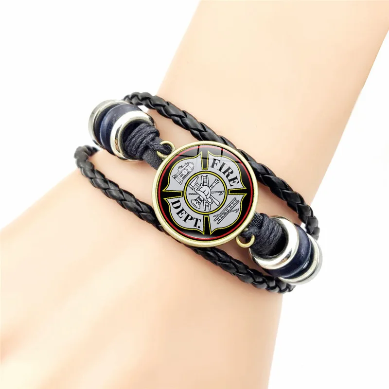 Firefighters Rescue Team Leather Bracelet Joker Cross-border Woven Retro Beaded Hand Jewelry Tide Men Women