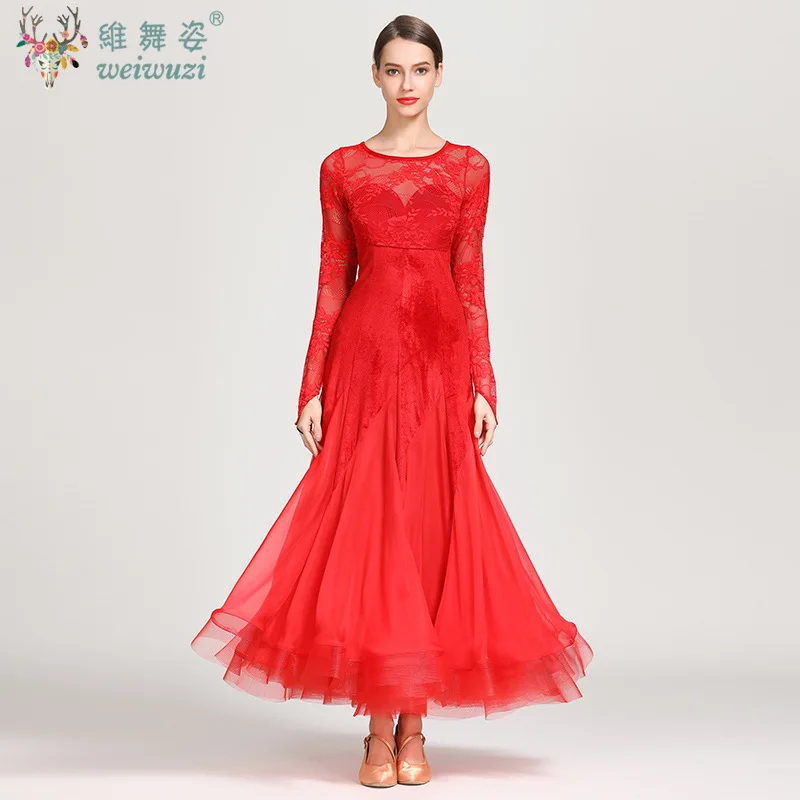 Traje de performance de dança moderna, vestido de renda de manga comprida, dança social feminina, padrão nacional, vestidos de competição de valsa