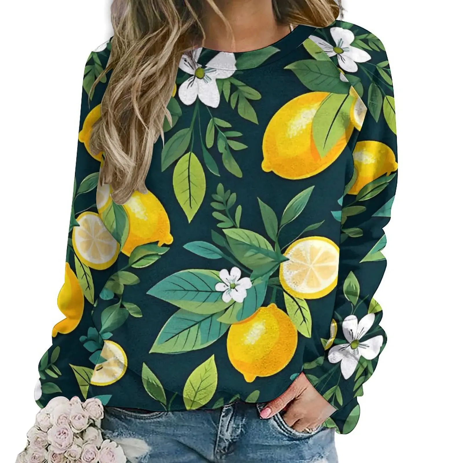 Fruit Print Lemons Hoodies Women Tropical Leaves Harajuku Casual Hoodie Long Sleeve Y2k Design Sweatshirts Big Size 2XL 3XL