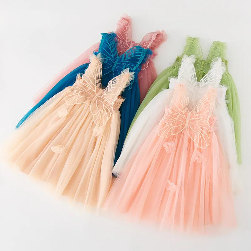 Girl's Princess Dress Summer New Mesh Sling 0-5th Birthday Party Fluffy Dress Butterfly Wings Fashionable Girl's Dress