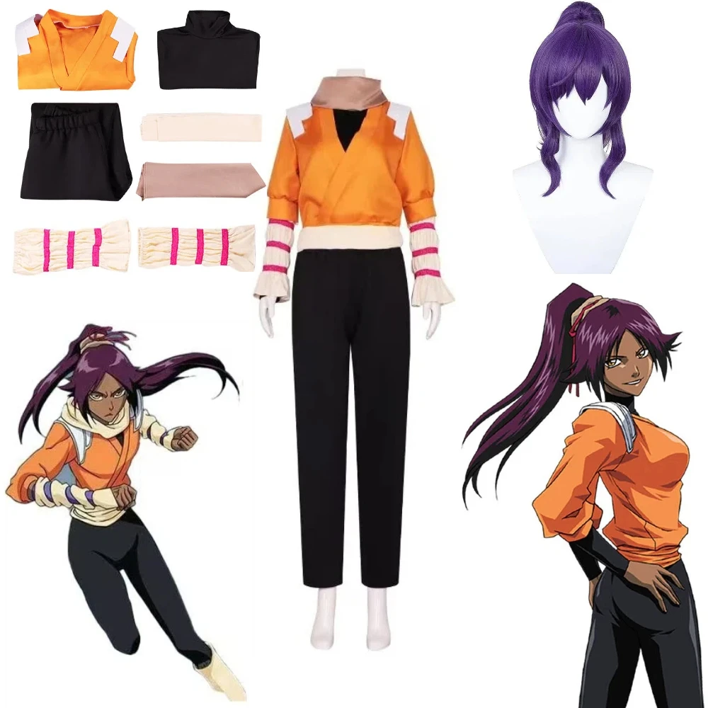 

Anime Bleach Cosplay Wig Belt Hand Accessories Shihouin Yoruichi Halloween Carnival Character Role Play Stage Full Costumes