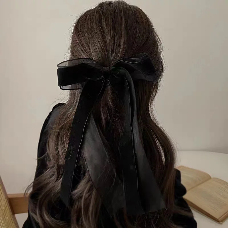 Eine Vintage und hochwertige französische Haarspange mit Samt-Schleifenband aus Netzstoff. – Detail 1