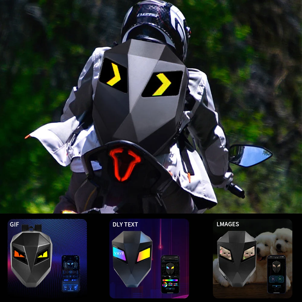

Motorcycle LED Screen Display Hard Shell Backpack Black Carbon Fiber DIY Eyes Riding Helmet Storage Bag Large Capacity Backpack