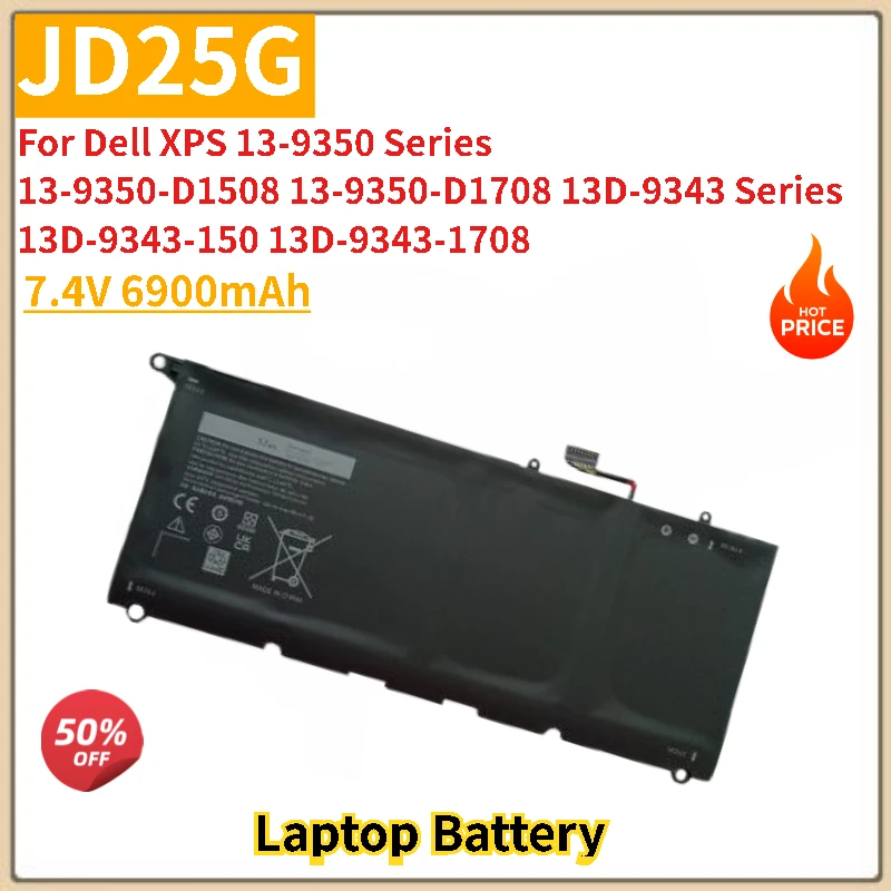 Laptop Battery JD25G 7.4V 6900mAh for Dell XPSXPS 13 9350 9343 8350 9360 13D-9343-1708 3708 13-9350-D1508G 350 D1608 P54G