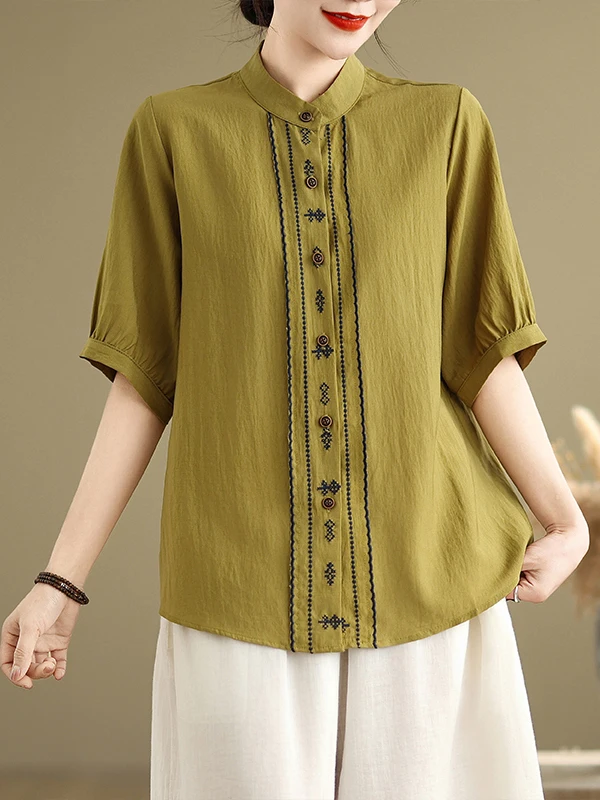 Ele Embroidered Loose irt Design Sensation Summer New Women's Faion Five Sve Tops Quali Fabric Flip Collar irt