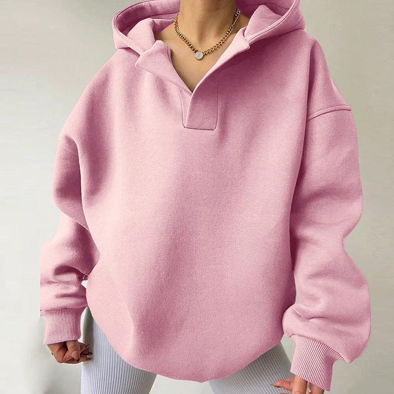 

Office Lady Chic Simple Warm Streetwear Autumn Winter Women Fashion Solid Hooded Sweatshirt Casual Loose Long Sleeve Pullovers