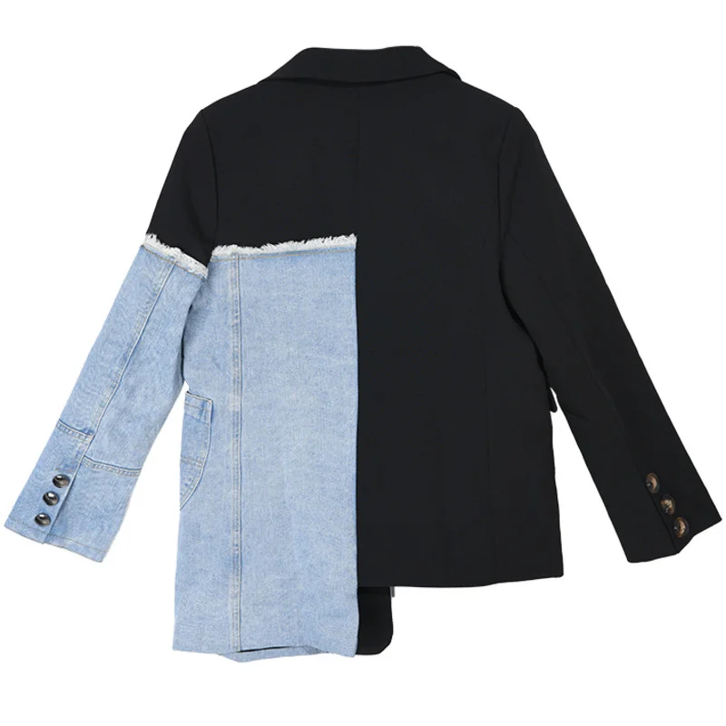 LANMREM Spring 2024 Loose Blazer Stitching Denim Coat Irregular Single Breasted Color Block Jacket Female Fashion Coats 2A04505