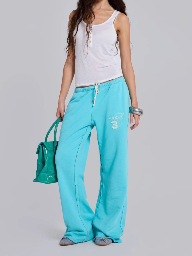 Image of Y2K Damen Schlaghose mit Rohkanten-Nähten, Buchstaben-Stickerei, Kordelzug, Lose Bootcut-Hose, Retro Streetwear Sweatpants