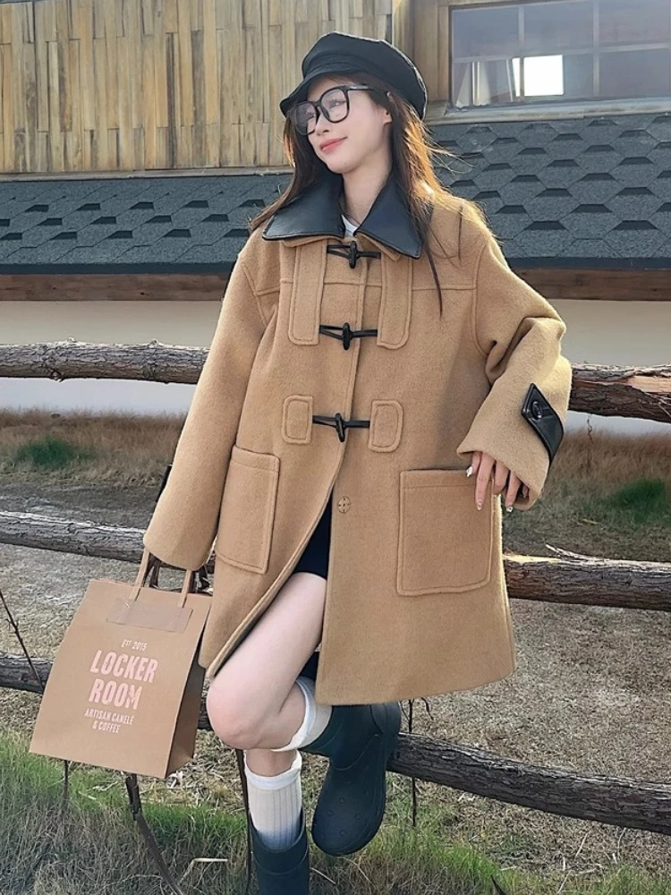 Woolen Coat Women's Autumn and Winter High-end Sense Duffle  Mid-length Loose Elegant Woolen Coat Trendy