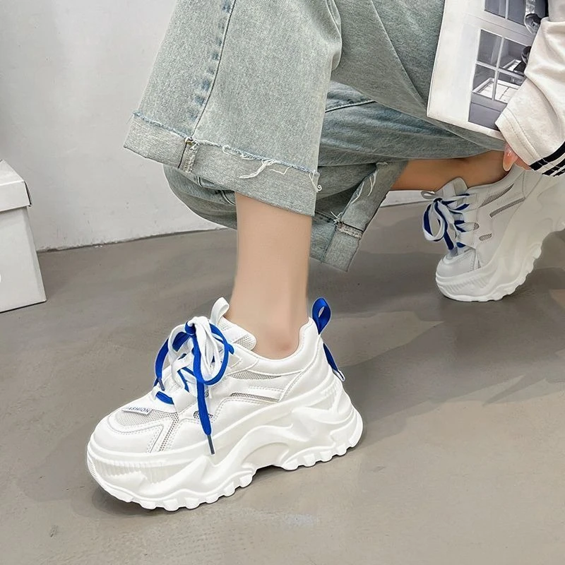 

Genuine Soft Leather Women Dad Shoes New Arrival Summer Mesh Hollow Out Versatile Platform Thick Sole White Sneakers Ins Trendy